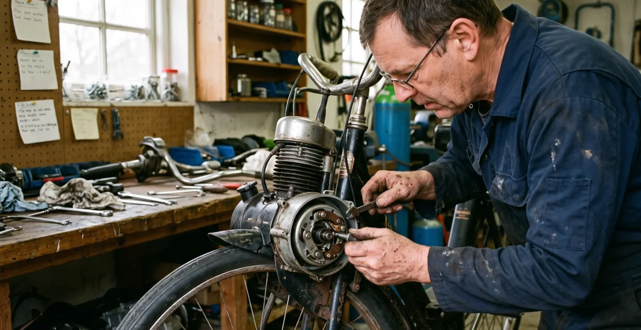 Mécanicien travaillant sur le moteur d'un vélo ancien pour remplacer l'allumage.