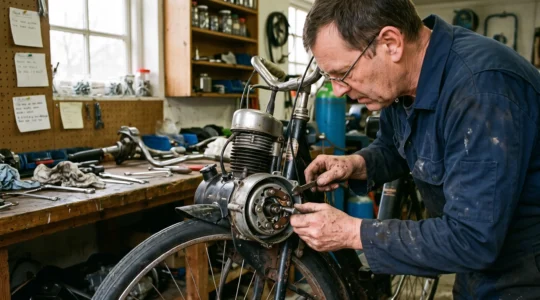 Mécanicien travaillant sur le moteur d'un vélo ancien pour remplacer l'allumage.