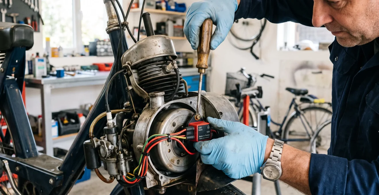 Mains installant le kit d'allumage électronique dans le moteur d'un vélo ancien.